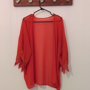 Red Sheer Kimono with Lace Sleeves